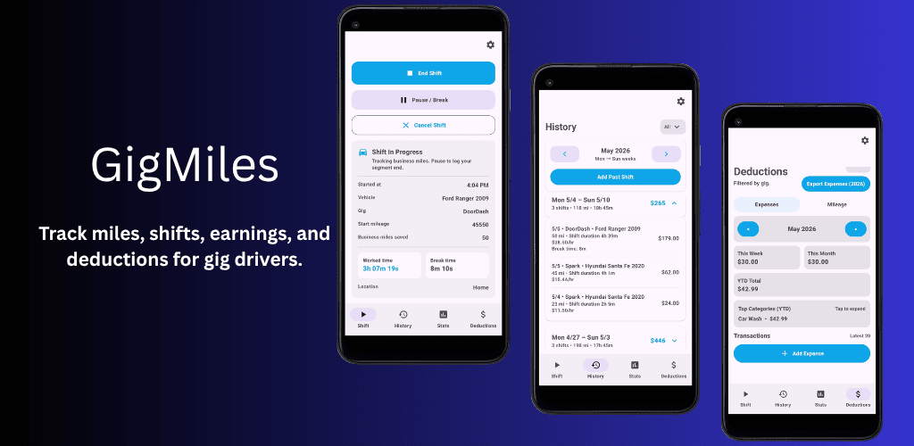GigMiles app banner showing mileage, shift, earnings, and deductions screens.